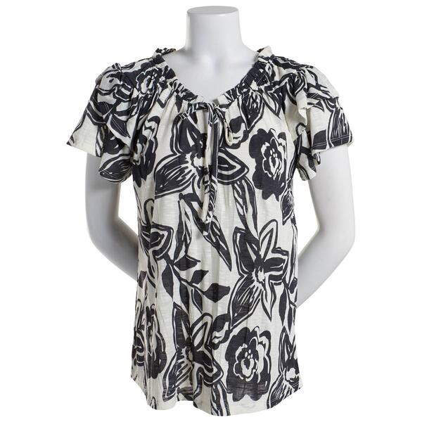 Womens Absolutely Famous Flutter Sleeve Floral Tie Notch Neck Top - image 