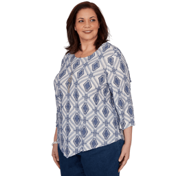 Plus Size Alfred Dunner Indigo Girls 3/4 Sleeve Diamond Blouse