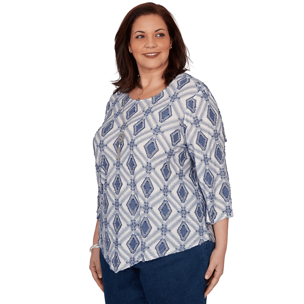 Plus Size Alfred Dunner Indigo Girls 3/4 Sleeve Diamond Blouse
