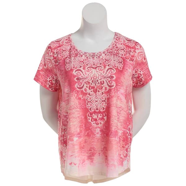 Plus Size OneWorld Short Sleeve Embellished Tee - Rose/Coral - image 