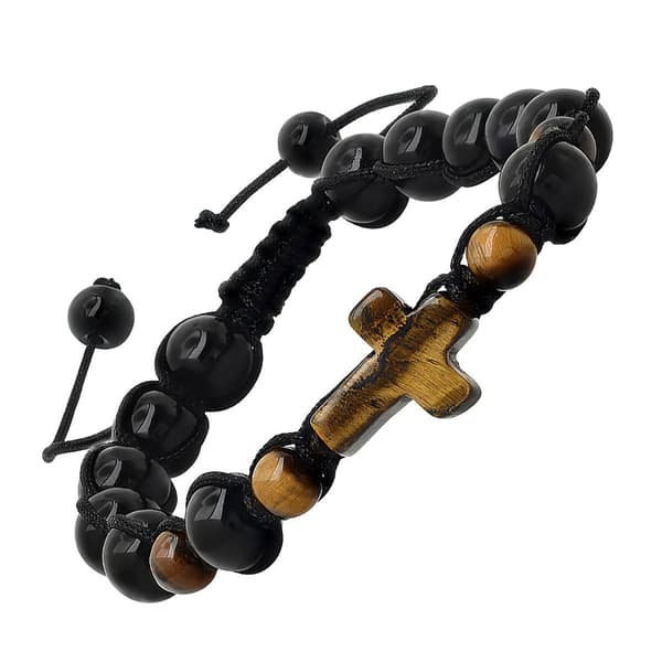 Mens Tiger Eye Cross and Beaded Drawstring Bracelet