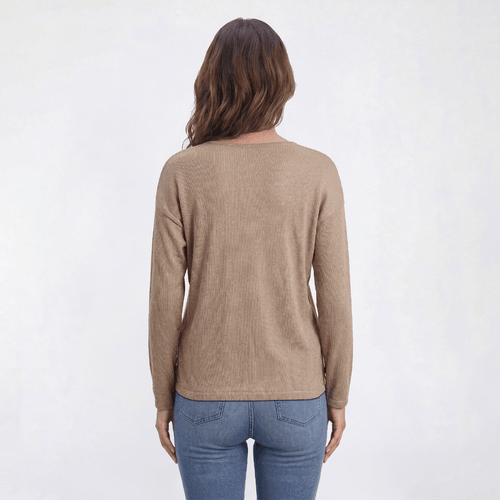 Womens Como Blu Long Sleeve Lace V-Neck Rib Knit Blouse