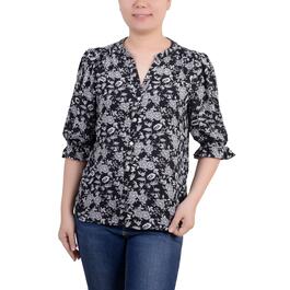 Womens NY Collection Elbow Sleeve Ruch Split Neck Top-Black/White