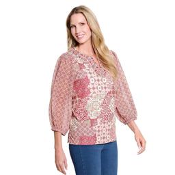 Womens Multiples 3/4 Sleeve Split Neck Patchwork Medallion Blouse