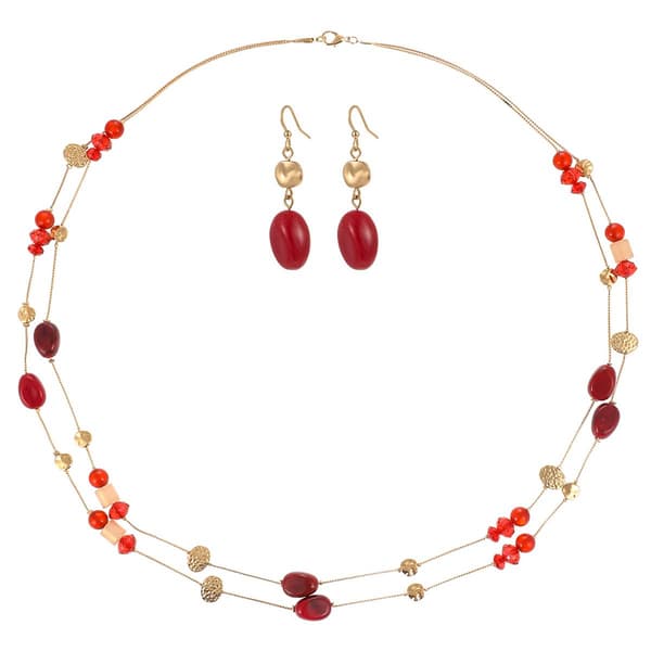 Ashley Cooper&#40;tm&#41; 2 Row Red/Metallic Necklace & Earring Set - image 