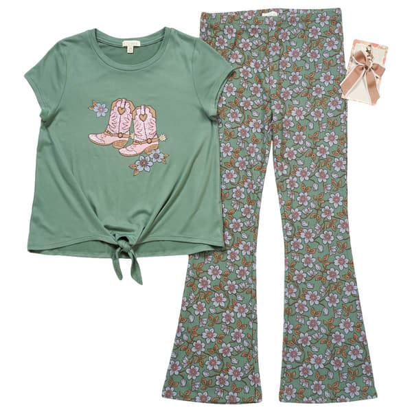 Girls(7-16) BTween(R) Tie Front Boot Tee w/ Floral Flare Leggings - image 