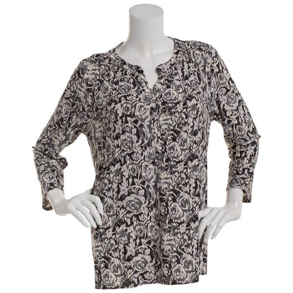 Plus Size Napa Valley 3/4 Sleeve Ikat Pleat Henley Blouse - image 
