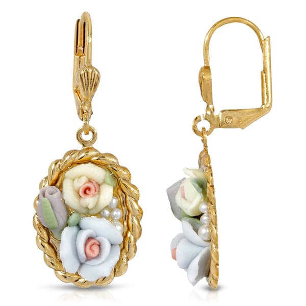 1928 Gold Tone Blue & Ivory Porcelain Flower Drop Earrings - image 