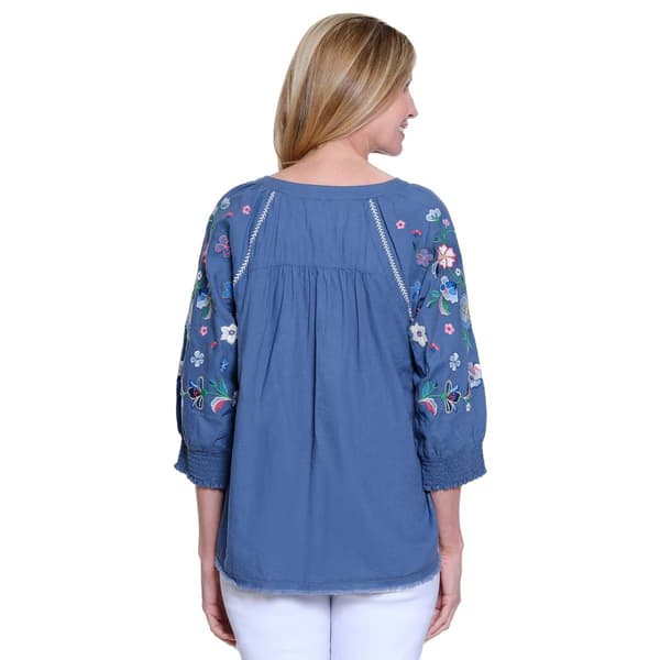 Plus Size Ali Miles 3/4 Floral Sleeve Split Neck Frey Hem Blouse