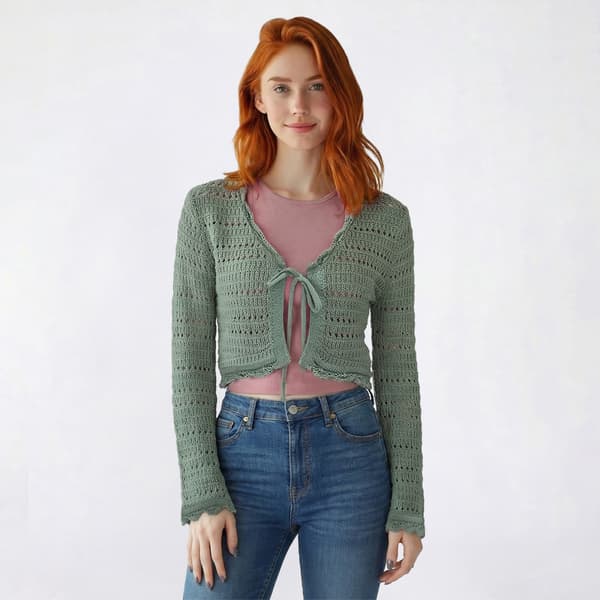 Juniors Pink Rose Long Sleeve Pointelle Tie Front Cardigan