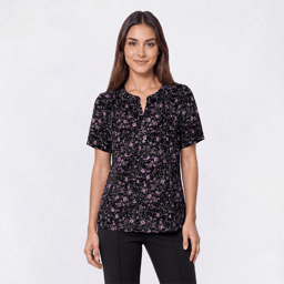 Petite Napa Valley Short Sleeve Floral Pleated Henley Blouse