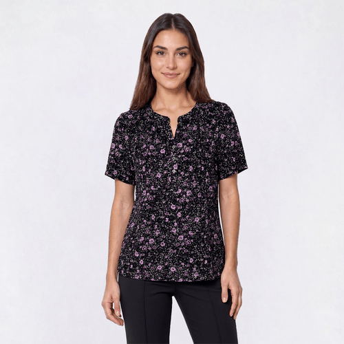 Petite Napa Valley Short Sleeve Floral Pleated Henley Blouse