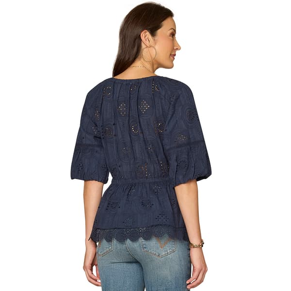 Womens Democracy Elbow Bubble Sleeve Crochet Peplum Blouse