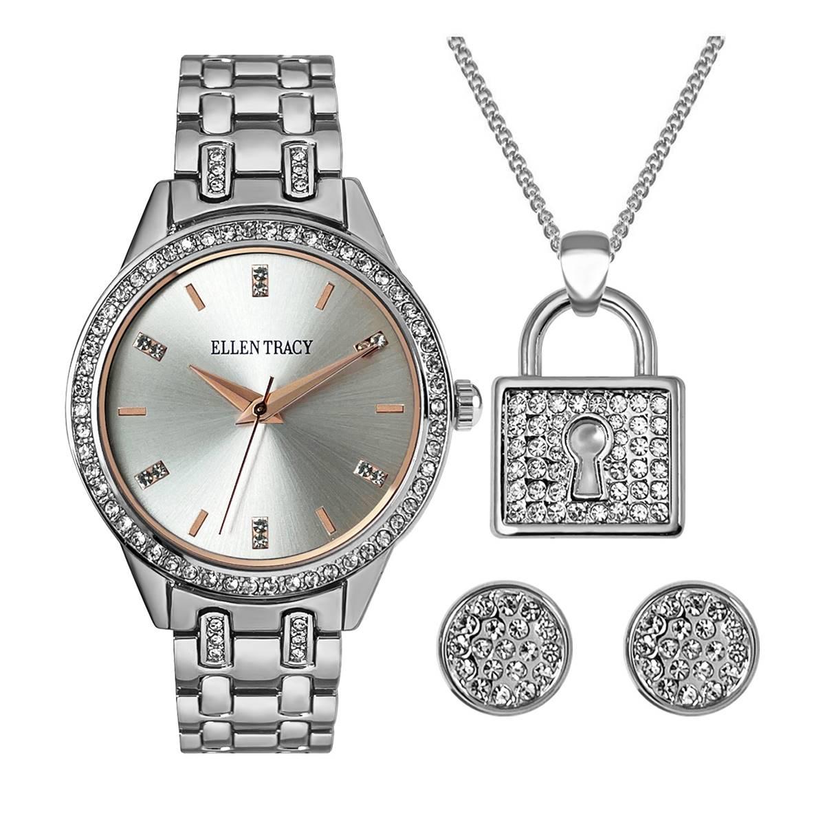 Ellen Tracy Silver Crystal Watch Earrings & Locket Set