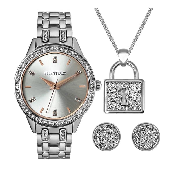 Ellen Tracy Silver Crystal Watch Earrings & Locket Set - image 