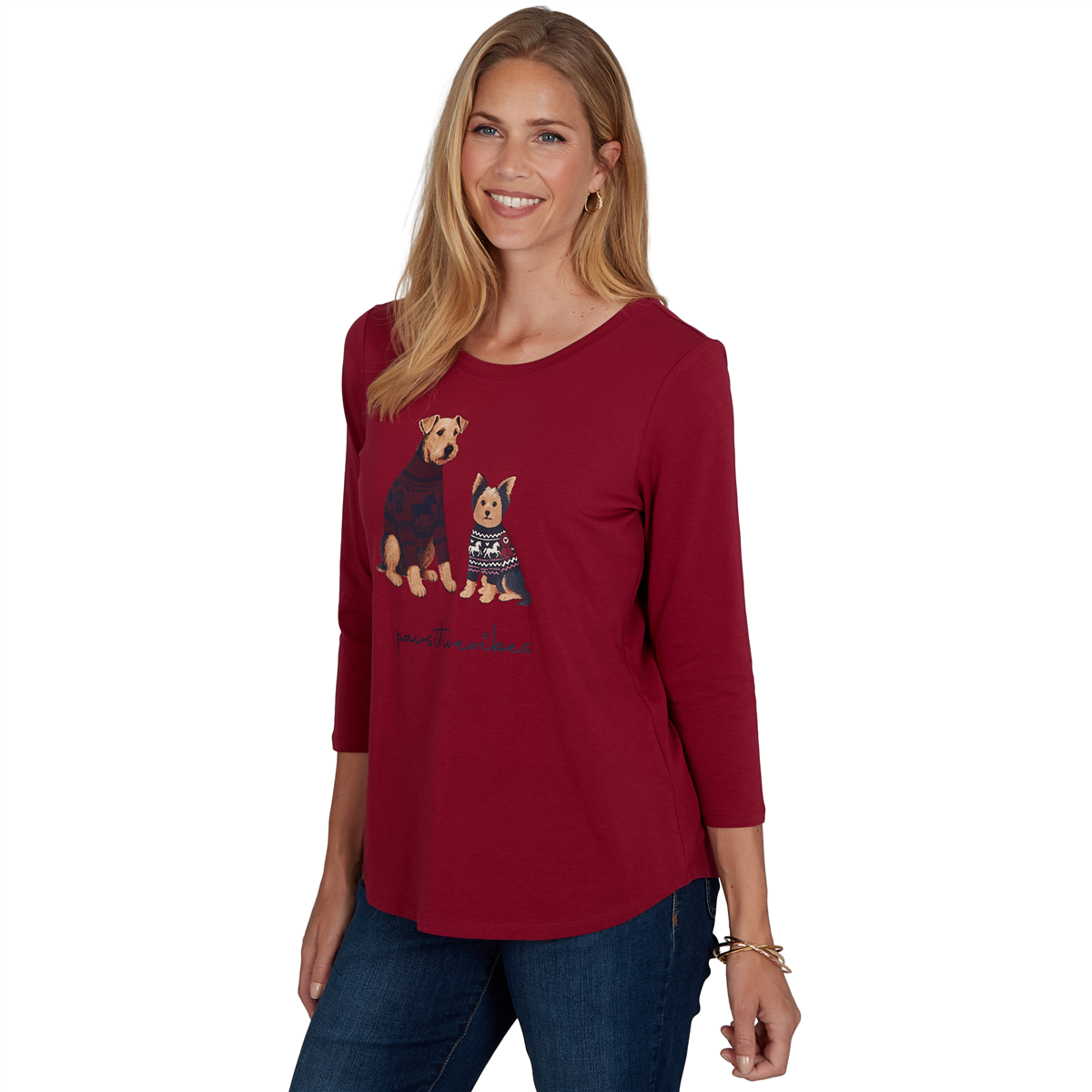 Womens Ruby Rd. Must Haves II 3/4 Sleeve Pawsitive Vibes Tee