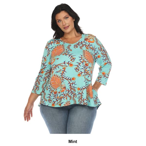 Plus Size White Mark 3/4 Sleeve Paisley Peacock Top