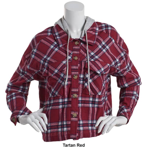 Juniors No Comment Plaid Box Fit Flannel Hooded Jacket