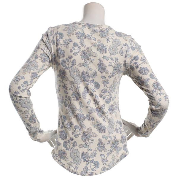 Juniors Wallflower Long Sleeve Floral Rib Scoop Neck Tee- White