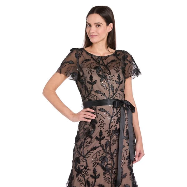 Womens R&M Richards Short Sleeve Embroidered Trim Mesh Gown