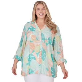 Plus Size Ruby Rd. Wovens 3/4 Tie Sleeve Silky Leaf Print Top