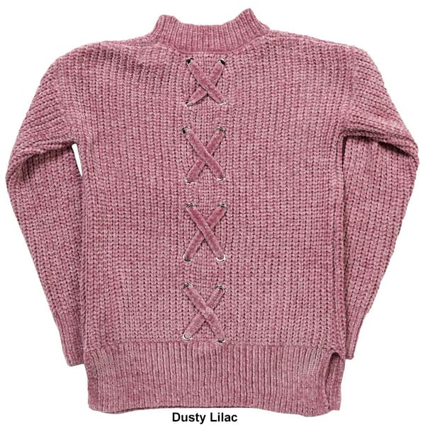 Girls &#40;7-16&#41; Pink Rose Shiny Chenille Sweater w/ Lace Up Back