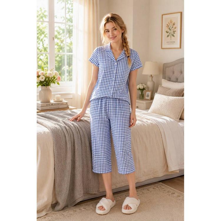 Petite Jessica Simpson Short Sleeve Gingham Capris Pajama Set