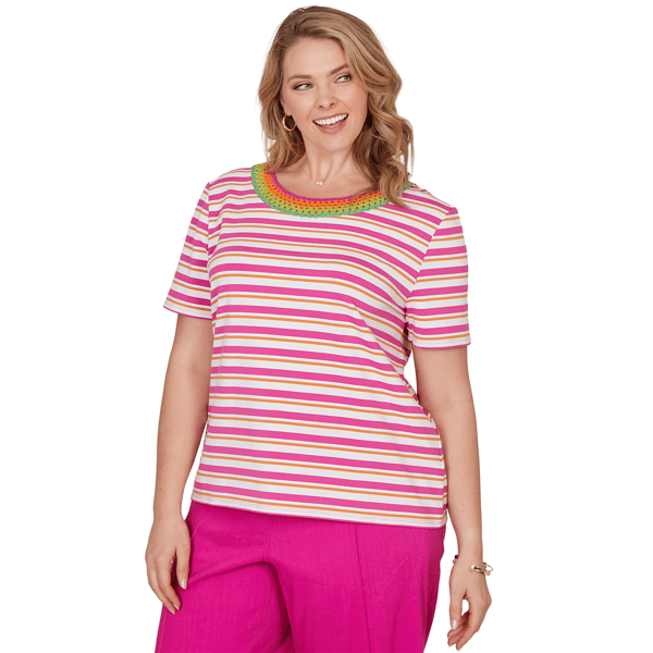 Plus Size Ruby Rd. Hothouse Florals Crochet Neck Stripe Tee