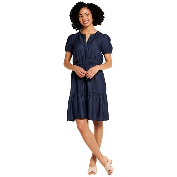 Womens Nautica Chambray Puffed Sleeve Tiered A-Line Dress - image 