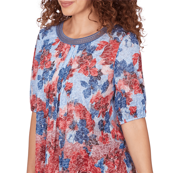 Petite Ruby Rd. French Riviera Pleated Floral Lace Trim Blouse