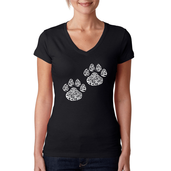 Womens LA Pop Art Cat Mom Word Art V-Neck T-Shirt - image 