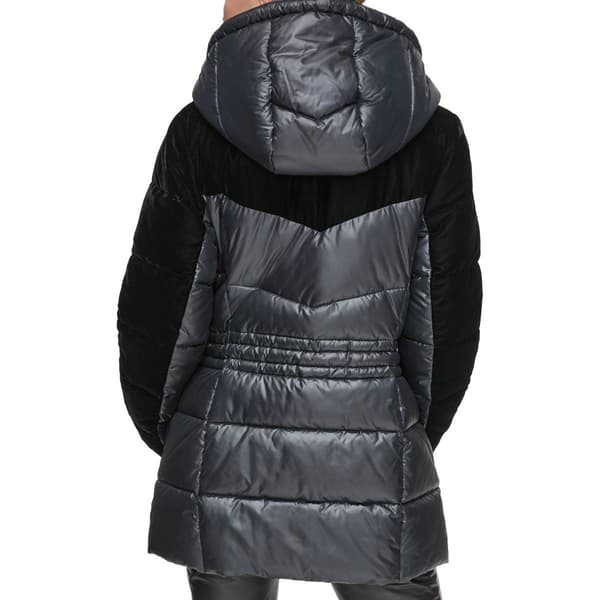 Andrew Marc Velvet Panel Hooded Puffer Jacket Black