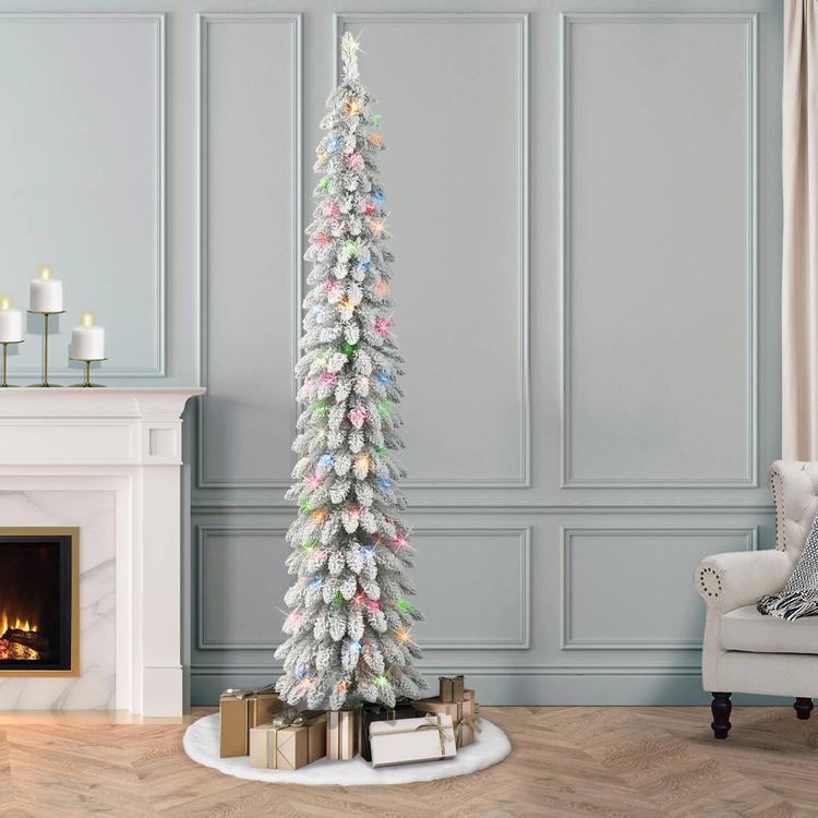 Puleo International 7ft. Pre-Lit Flocked Pencil Christmas Tree