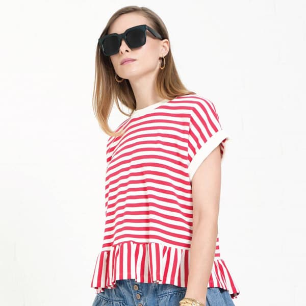Womens MNK Short Roll Sleeve Stripe Ruffle Hem Blouse