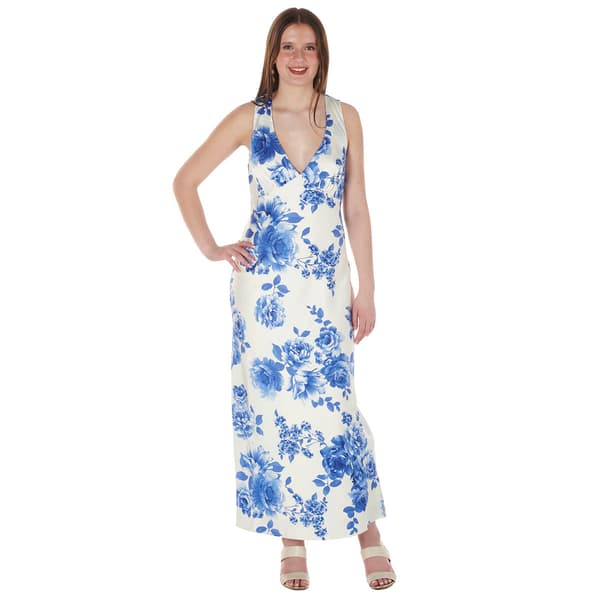Juniors Crystal Doll Floral Satin V-Neck Midi Dress - image 