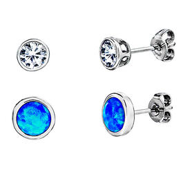 Silver Plated White CZ & Blue Opal Stud Earring Set