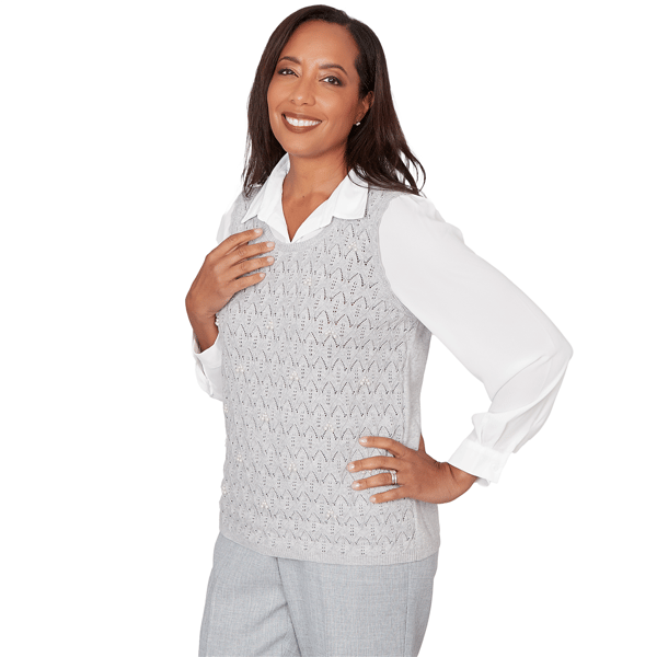 Womens Alfred Dunner Al Fresco Pointelle Pearl Two In One Sweater