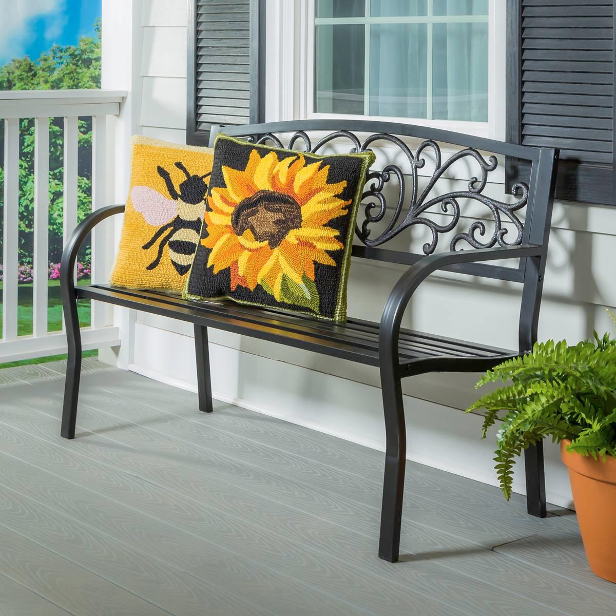 Evergreen Blooming Garden Black Metal Bench
