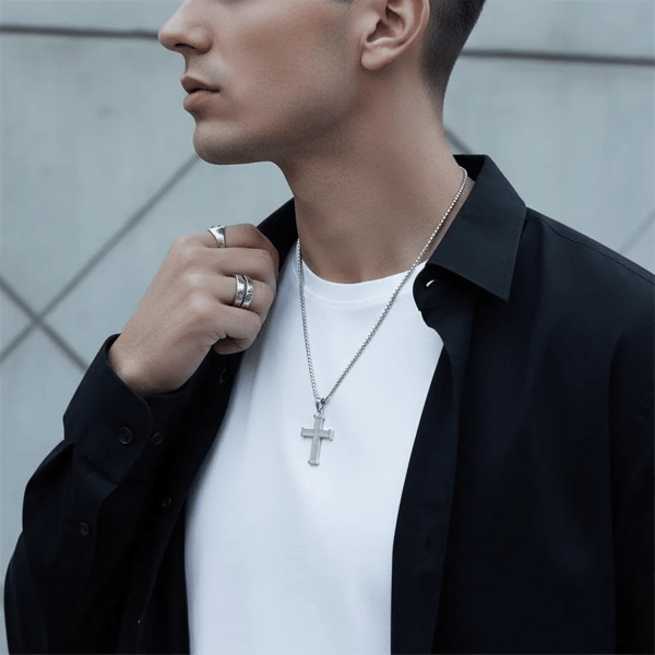 Mens Iron Saints Textured Silver Cross Box Chain Necklace