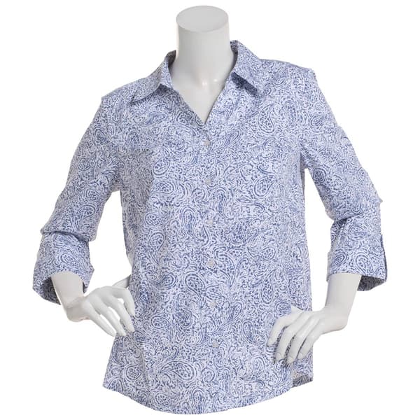 Plus Size Emily Daniels Knit To Fit Paisley Blouse-Bijou Blue - image 