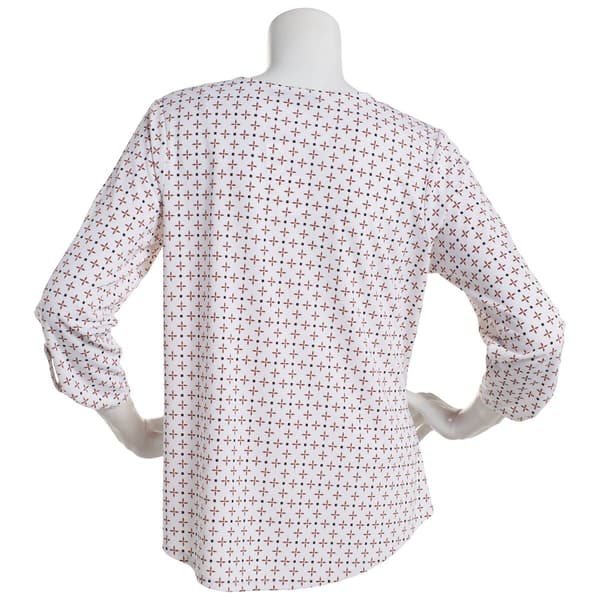 Petite Cure 3/4 Sleeve Roll Tab Geometric Crepe Blouse