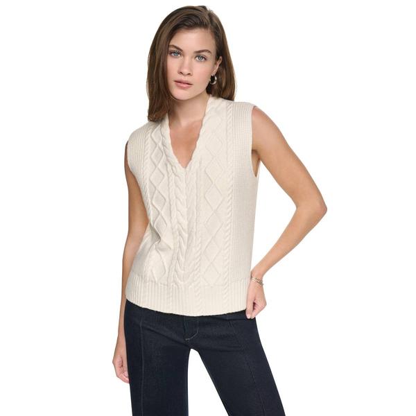 Womens DKNY Jeans Solid Sleevelees Vee Neck Cable Sweater With H