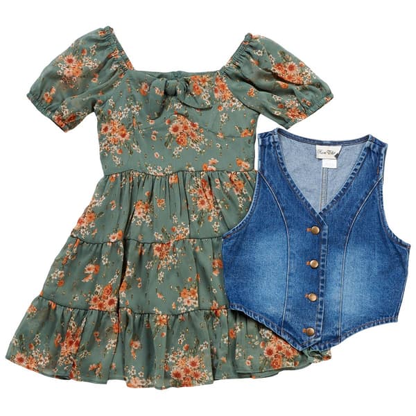 Girls &#40;7-16&#41; Rare Editions Floral Lurex Tiered Dress & Vest