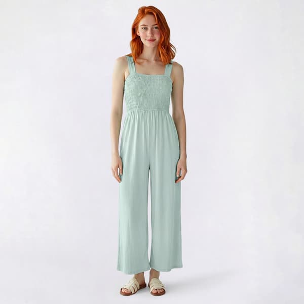 Juniors No Comment Wide Strap Smock Bodice Wide Leg Jumpsuit