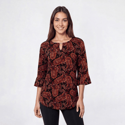 Petite Notations 3/4 Ruffle Sleeve Keyhole Blouse - Rust