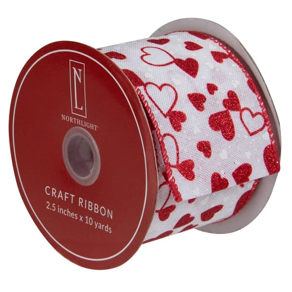 Northlight Seasonal 30ft. Red & White Glitter Hearts Craft Ribbon - image 