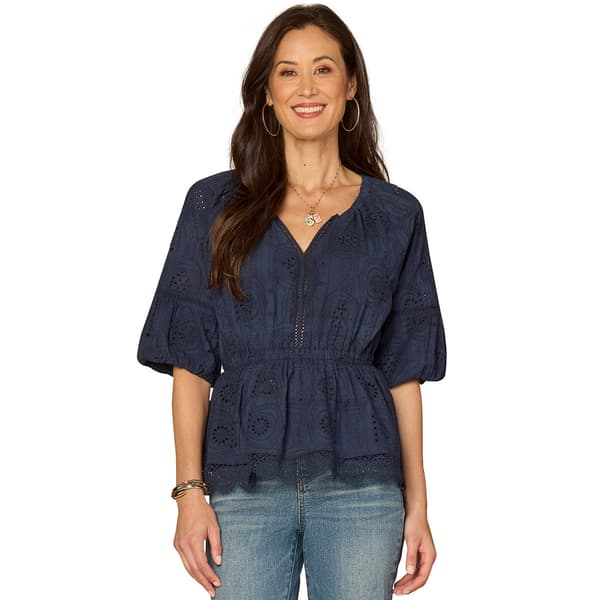 Womens Democracy Elbow Bubble Sleeve Crochet Peplum Blouse