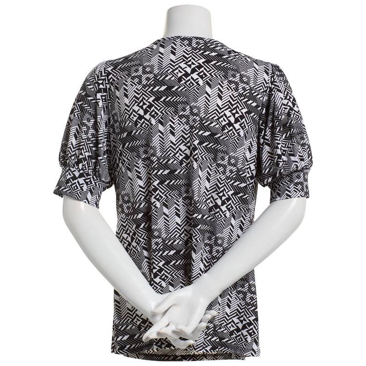 Petite Notations Short Sleeve Bar Neck Geometric Blouse