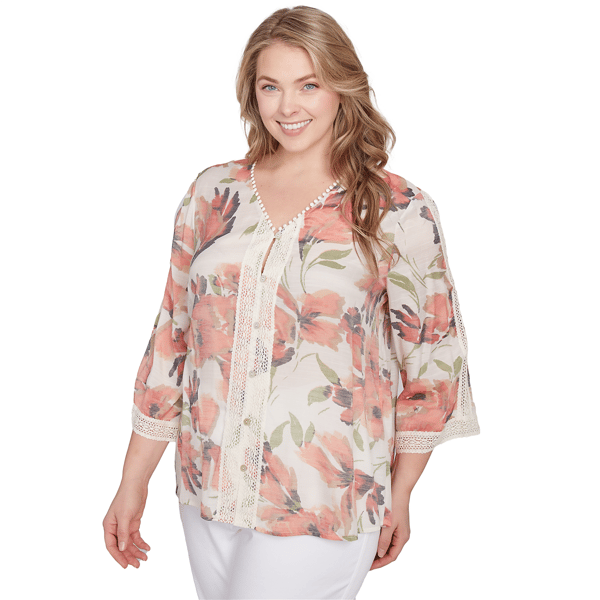 Plus Size Skye''s The Limit Spring Romance Floral Lace Trim Blouse