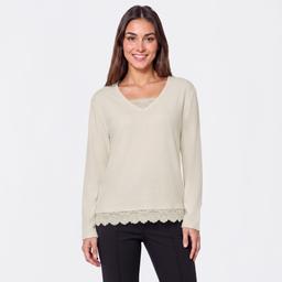 Womens New York Laundry Long Sleeve Solid Lace Trim Sweater